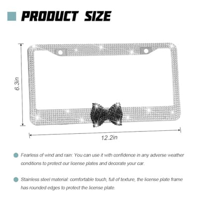 Bling Car License Plate Frame for Women, 2PCS Crystal Rhinestone Stainless Steel Vehicle Plate Holder, Glitter Diamond Sparkly Auto Plate Cover Accessories, Universal Fit (White/Black Bow) - color: White/Black Bow