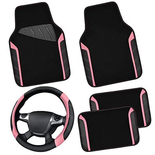 CAR PASS Microfiber Steering Wheel Cover and Waterproof Car Floor Mats,Leather Universal Car Combo Fit for 95% Truck,SUV,Cars,14.5-15inch Sporty Anti-Slip Safety Comfortable Design(Black and Pink) - color: Black and Pink