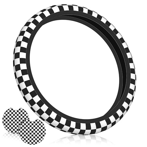 Black and White Checkered Steering Wheel Cover Universal 14.5-15 Inch Anti-Slip Breathable with 2 Pieces Car Coasters for Men Women Checkered Car Accessories Decorate - color: Checkered