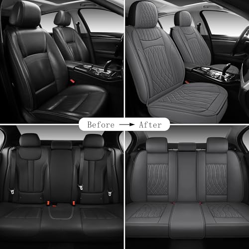 IRONTREE Leather Car Seat Covers Full Set, Waterproof Faux Leather Seat Covers for Cars, Non-Slip Car Interior Covers Universal Fit for Most Cars Sedans Trucks SUVs (Grey, Full Set)