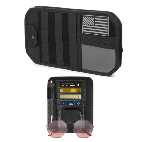 2 Pack Car Sun Visor Organizer, Auto Interior Accessories Tactical Molle Panel & PU Leather Visor Storage Pouch with Sunglasses Clip, Multi-Pocket Document Holder for Truck SUV Car Gear
