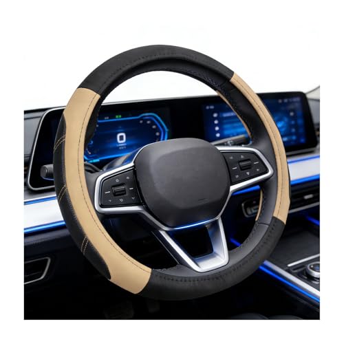 Sport Leather Steering Wheel Cover, 15 inch Anti Slip Steering Wheel Protector with Soft Grip Padding, Universal Breathable Wheel Wrap Interior Accessories for Car Truck SUV (Black & Beige) - color: Black & Beige