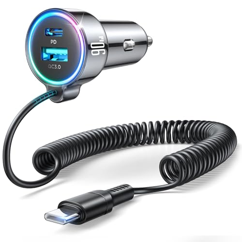 90W Car Charger USB C for iPhone 17/16 Pro Max, PD&QC3.0 w/6.65ft 45W Type Coiled Cable, Fast Car Phone Charger Adapter for iPhone 17Air/15 Pro, Samsung Galaxy S25/S24/S23, Pixel 10/LG/Android, iPad - color: Black-6.7FT