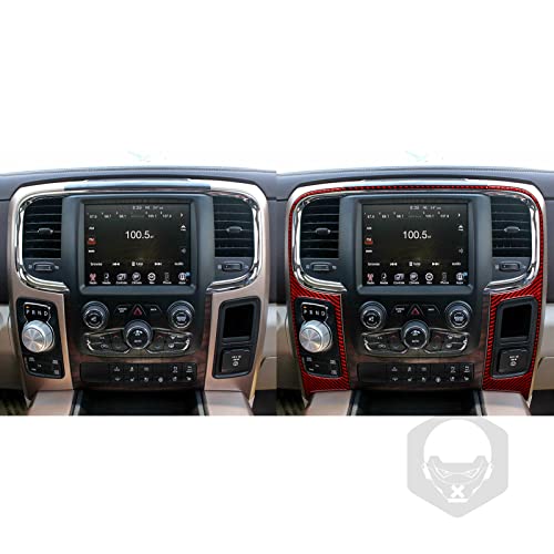 Red Carbon Fiber Center Console Panal Air Vent Outlet Gear Shift Rotary Shifter Media Screen Frame Cover Car Interior Compatible with Dodge Ram 1500/2500/3500 2013 2014 2015 Accessories - color: Red 21