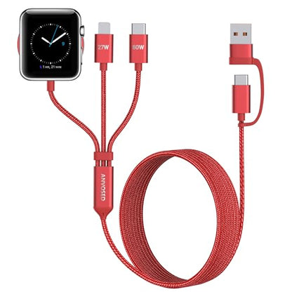 60W Fast Charging Cable for Apple Watch Charger, 6-in-1 Portable Multi Charging Cable for iPhone, Apple Watch Series 1–11/SE/Ultra, Essentials - color: Red