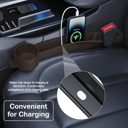 Car Seat Gap Plug with Storage Slot, Auto Gap Filler Organizer with Cup Holder, Universal Carseat Side Gap Filler Strip 2 Pack Between Front Seats & Console, Anti-Drop Pad with Seatbelt Holes, Brown - color: Brown, Cup Holder & Hook