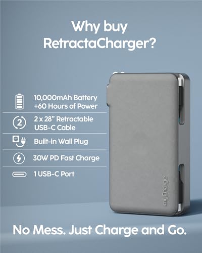 myCharge RetractaCharger 10000mAh Portable Charger Power Bank with 28-Inch Retractable 2 USB-C Cable | Built-in Wall Plug | 30W PD Fast Charging | USB-C & A Ports | Digital Display | Grey - size: 2 USB-C Cables