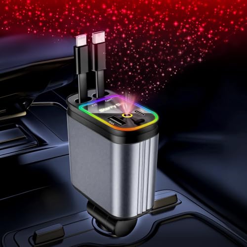 Retractable Car Charger, 4 in 1 Fast Charging Car Charger USB-C & USB-A Compatible with iPhone 16/15/14/13/12/11/X,Galaxy,Pixel - color: dark gray(red starry sky light)