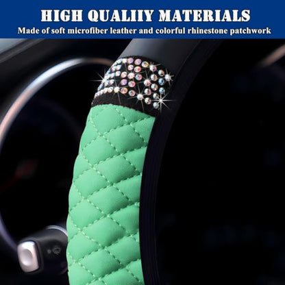 Soft Leather Car Steering Wheel Cover, Universal 15 Inch Colorful Rhinestones Anti-Slip Elastic Steering Wheel Covers for Most Cars, Sparkly Crystal Diamond for Women Girls (Green) - color: Green