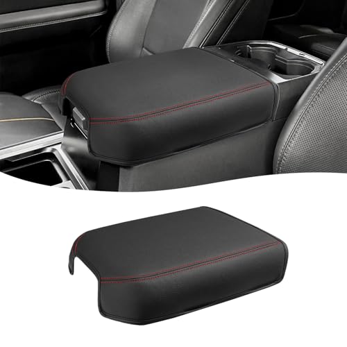 Center Console Cover for 2023 2024 2025 2026 F250 F350 F450 F550 Super Duty Accessories, Vinyl Leather Middle Armrest Cusion Protector, Bucket Seat Only, Anti-Scratch, Black Red Color - size: Bucket Seat, 23-26 F250-F550, red stitch