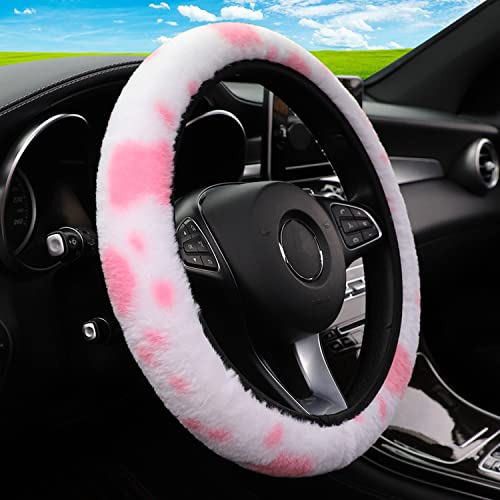 Pinbola 5pcs in 1 Set Faux Wool Steering Wheel Cover Soft Fluffy Handbrake Cover & Gear Shift Cover & 2pcs Seat Belt Shoulder Pads Warm Universal Fit for 15 Inch (Cow Pink) - color: Cow Pink