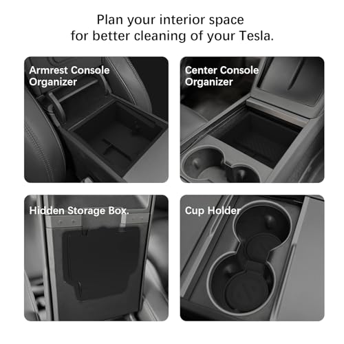 Center Console Organizer Tray for Model Y Juniper 2025 2026 & Model 3 Highland (2024-2026), Double-Layer Sliding Hidden Armrest Storage Box, Tesla Accessories (Matte Black) - size: 4PC(25-26) Tesla Model Y & (24-26) Tesla Model 3