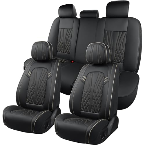 MINGBRON Leather Car Seat Covers 5 Pieces, Full Set Universal Seat Covers for Cars, Waterproof Nappa Leather Auto Seat Protectors, Black Car Seat Cover Most Sedans SUV Pick-up Truck Black&BeigeLine - color: Black&Beige Line, size: 5 Seat Covers (Front & R