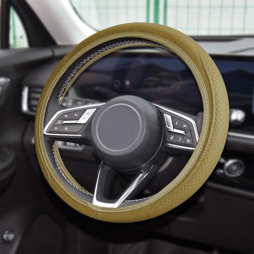 Car Steering Wheel Cover, Universal 14.5-15 Inch Beige Leather Steering Wheel Wrap with Better Sport Grip for Men Women, Anti-Slip Breathable Car Interior Accessories for Most Vehicles (Beige2) - color: Beige2
