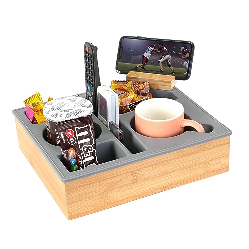 Couch Cup Holder Tray, Handy Silicone Bamboo Couch Caddy with Rotatable Phone Holder for Bed Car Seat Organizer, Waterproof Anti-spill Sofa Cup Holder for Snacks Beverage Remote (Gray) - color: Gray, size: 11.5*10*3 IN