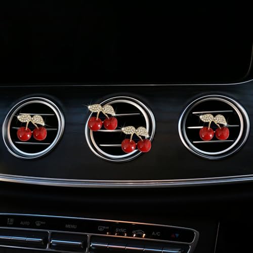 4 Pcs Cherry Car Air Vent Freshener Clip, Rhinestone Car Air Outlet Fragrance Freshener, Bling Cute Automobile Accessories Decoration for Women,Air Fresheners Decor（Odor Random）