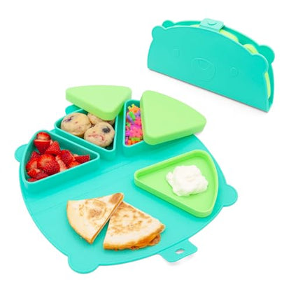 Silicone On-The-Go Snack Mat – Foldable Reusable Placemat with 3 Compartments and Lids – Travel-Friendly Baby and Toddler Snack Plate – Dishwasher Safe (Aqua) - color: Aqua