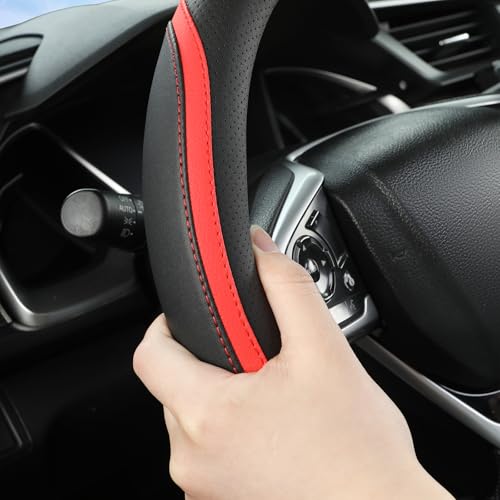 Car Steering Wheel Cover, Leather Steering Wheel Cover Red Universal 14.5-15 Inch Microfiber Leather Anti-Slip Breathable Auto Steering Wheel Covers for Men Women (Black&Red) - color: Red