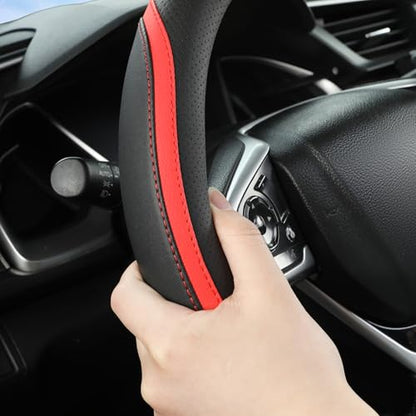 Car Steering Wheel Cover, Leather Steering Wheel Cover Red Universal 14.5-15 Inch Microfiber Leather Anti-Slip Breathable Auto Steering Wheel Covers for Men Women (Black&Red) - color: Red