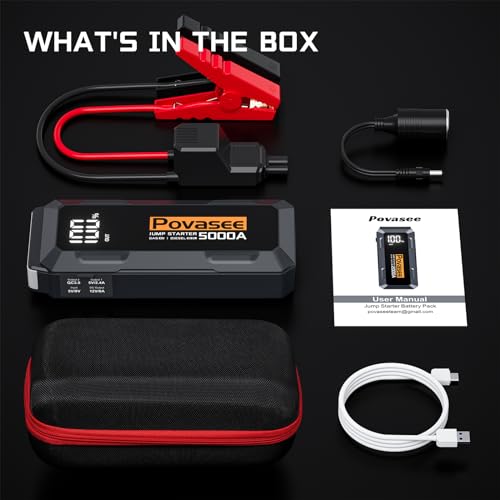 Povasee Car Battery Jump Starter 5000A Jump Box (All Gas/10L Diesel) Portable Car Jump Starter Battery Pack, 12V Jumper Starter Portable 3" LCD Display/Power Bank/Dual Output/LED Light DC - style: A40