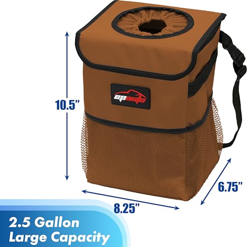 EPAuto Waterproof Car Trash Can with Lid and Storage Pockets, 2.5 Gallon Leakproof, Brown - color: Brown