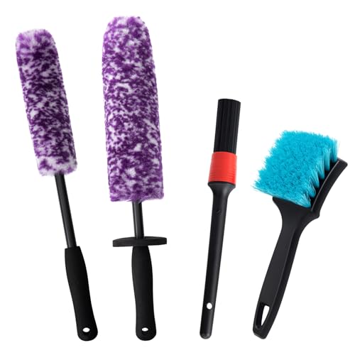 4 Pack Wheel Tire Cleaning Brush Kit Cars Motorcycles RVs Trucks Rim Hub Ultra Soft Microfiber No Spatter 360 Bendable Synthetic Woolies Wash Vehicles Bristle Set - color: Purple & White