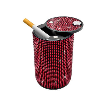 Bling Car Ashtray with Lid, Rhinestones Fireproof Auto Cup Holder Cigarette Ash Tray, Smokeless Crystal Diamond Ashtray Mini Trash Can for Women Girls, Car Accessories (Red) - color: Red