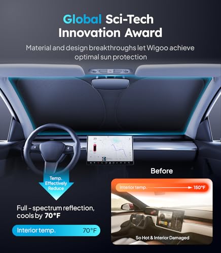 Wigoo Tesla New Model Y Accessories Windshield Sunshade [OEM Design, 100% Sun Blockage] Foldable Heat Insulation Sunshade with Storage Bag, for Model Y 2020~2026 (Juniper), Silver Coating - size: 1. Model Y (2016-2026)