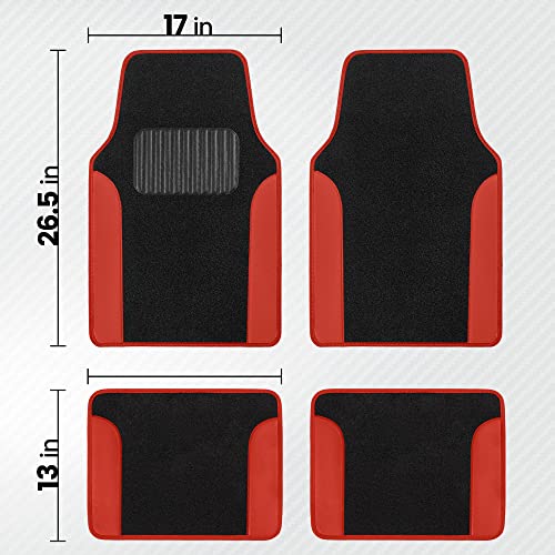 BDK Carpet Floor Mats for Cars, Two-Tone Carpet Car Mat with Faux Leather Accents, Automotive Floor Mat Sets with Built-in Heel Pad, Stylish Interior Car Accessories Red