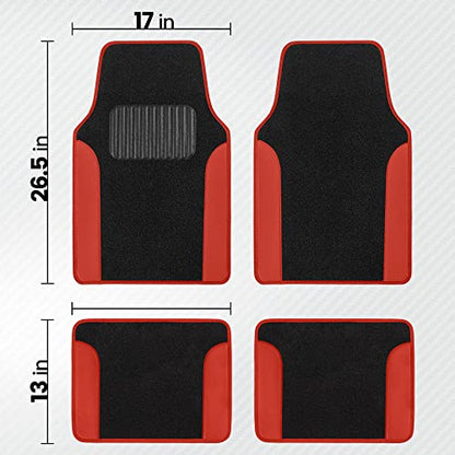 BDK Carpet Floor Mats for Cars, Two-Tone Carpet Car Mat with Faux Leather Accents, Automotive Floor Mat Sets with Built-in Heel Pad, Stylish Interior Car Accessories Red