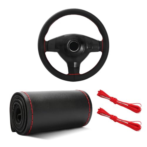 Yourkar Leather Steering Wheel Cover, 15"×15" Breathable Steering Wheel Cover DIY Kit with Needle Thread, Non-Slip Leather Stitch on Wrap Steering Wheel Protector, Car Accessories (Black & Red) - color: Black & Red, size: Glossy Finish