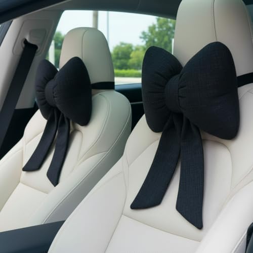 Macarrie 2 Pcs Car Neck Pillow Breathable Bow Headrest Pillow Comfortable Seat Neck Support Cute Bow Car Accessories for Driving Travel Driver Chair Winter Girl Style Interior Decor Gifts(Black) - color: Black