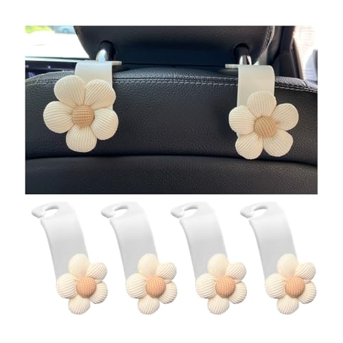 4PCS Car Headrest Hooks, Cute Flower Vehicle Seat Organizer Hooks for Purses and Bags, Portable Automotive Purse Hanger Holder Decoration, Universal for SUV, Sedan, Truck (Beige/White) - color: Beige/White