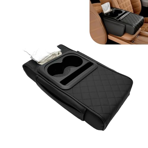 Car Center Console Cover, Upgrade 5-in-1 Genuine Leather Thickened Armrest Box, Armrest Storage Box with Cup, Universal Car Accessories Interior Organizers, for Most Cars (Black) - color: Black