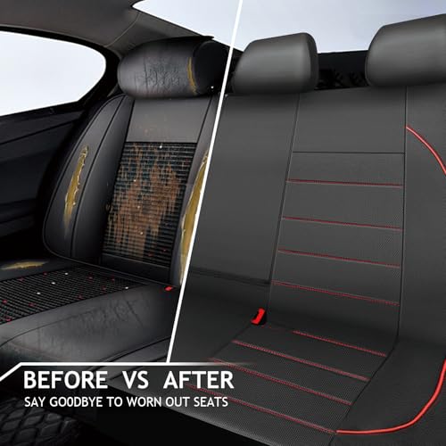 CAR PASS Leather Back Seat Cover,Piping Waterproof Bench Seat Cover, Rear Seat Cover Universal Fit for Cars Sedans SUVs Truck 95% Automotive Interior Backseat Car Covers (Rear,Black and Red) - color: Black Red Rear