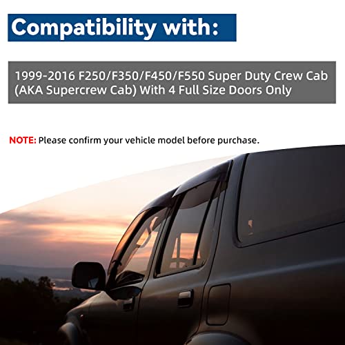 Set of 4 Front+Rear Smoke Sun/Rain Guard Wind Deflector Outside Mount Tape-On Acrylic Window Visors Compatible With 99-16 F250/F350/F450/F550 Super Duty Supercrew/Crew Cab With 4 Full Size Doors - size: Compatible with 1999-2016 Ford F-250