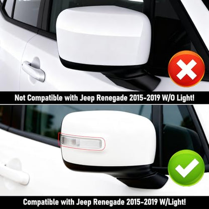 Moonlinks Compatible with Jeep Renegade Right Passenger Side Mirror Cover Replacement 2015 2016 2017 2018 2019,White Right Side Clip-on Mirror Cap With Turn Signal Light Replaces for 5UW61TZZAA - color: Right White