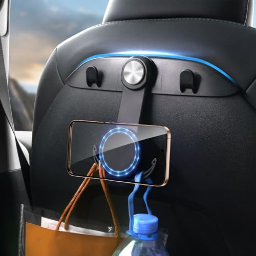 1 Pack Car Seat Hooks & Magnetic Phone Holder for Tesla Model Y(Juniper) Model 3(Highland) Accessories 2025 2024 2023 2022 2021, Car Seat Back Storage Purse/Bag/Hat Hook for iPhone - color: Matte Black