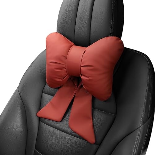 2 Pcs Red Bow Car Neck Pillows Softness Car Headrest Pillow for Driving With Adjustable Strap Leather Material Wear-Resistant and Dirt-Resistant Perfect Choice for Both Beauty and Comfort - color: Wine Red