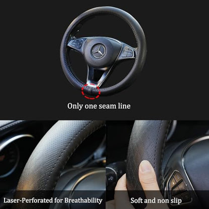 Black Genuine Leather Car Steering Wheel Cover Men Women,Cowhide Wheel Cover,Soft,Breathable,Anti-Slip,Luxury Steering Wheel Cover,Universal Standard Size 14.5-15 inch(M) - size: Standard size[14 1/2''-15'']
