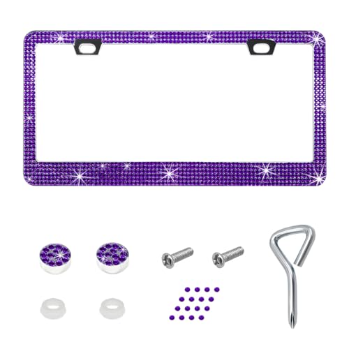 Bling License Plate Frame, Sparkly Bedazzled Auto Tag Holder with Mounting Kit, Handcrafted Crystal Stainless Steel Licence Plate Cover for Women Girls, Car Accessories (Purple) - color: Purple