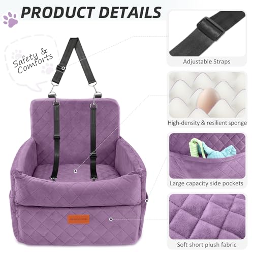 HEGGCOOE Small Dog Car Seat, Memory Foam Dog Booster Seats with Thick Cushion for Medium Dogs Under 35lbs, Detachable Washable Pet Car Seat Bed with Storage Pockets,2 Safety Belts Purple - color: Purple