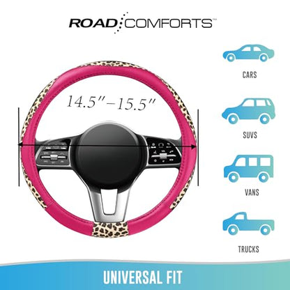 Road Comforts Steering Wheel Cover - Made with PVC Leather and Leopard Fabric - Universal 14 1/2 inches to 15 inches for Most Automotive Steering Wheel - Cheetah Print -Hot Pink - color: Round-Hotpink