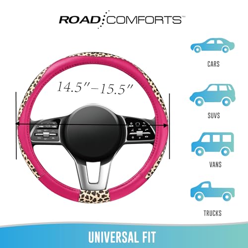 Road Comforts Steering Wheel Cover - Made with PVC Leather and Leopard Fabric - Universal 14 1/2 inches to 15 inches for Most Automotive Steering Wheel - Cheetah Print -Hot Pink - color: Round-Hotpink