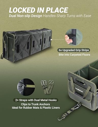 Heavy Duty Trunk Organizer with Lid for Car SUV-1680D Water-Resistant Fabric &3.5mm PP Skeleton,Collapsible Cargo Storage Box with No Sliding Metal Hooks,Fits Tesla,Truck,Sedan (XL Green - color: Moss Green