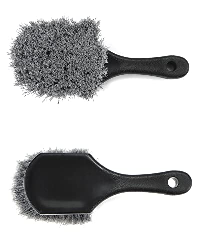 QWORK Short Handle Tire and Wheel Brush for Car Rim, Soft Bristles for Gentle Washing, Efficiently Cleans Tires