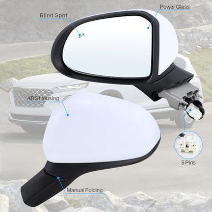 Left Driver Side Mirror Compatible With 2019 2020 2021 2022 2023 Hyundai Santa Fe With Manual Folding Power Glass Blind Spot White Replace#87610-S2010(5Pins) - size: L