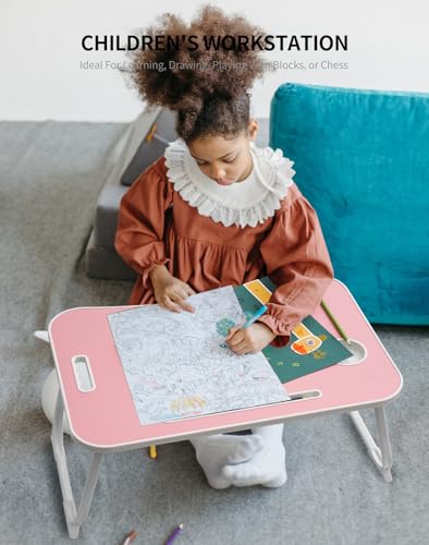 ZEAPTAC Laptop Bed Desk, Foldable Lap Desk, Portable Lap Table, Laptop Stand with Cup Holder & Tablet Slot & Lifting Handle for Working Writing Drawing & Eating - Pink - color: Pink