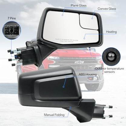 Passenger Right Side Door Mirror for 2019-2024 Chevy Silverado 1500, with Heated Power and Convex Blind Spot Glass Temperature Sensor Manual Folding, Replace#GM1321583(7 Pins) - size: Right