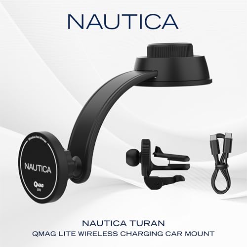 Nautica Turan QMAG Lite Wireless Magnetic Car Charger 15W, Universal Fast Charging Phone Mount, Dashboard & Vent Mount, 360° Rotation for iPhone 17, Galaxy S25, Pixel 10 & More Travel Accessories
